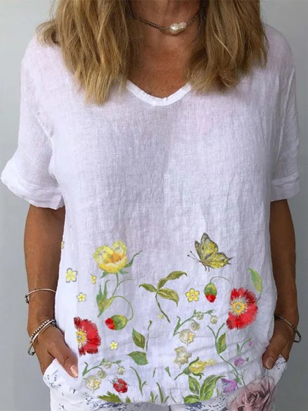 

V Neck Cotton Casual Floral Shirt, White, Shirts & Blouses