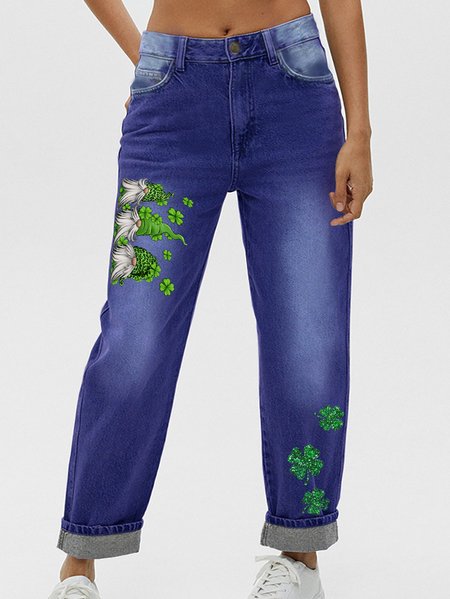 

Four-Leaf Clover Denim Casual Loose Jeans, Blue, Jeans