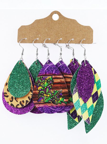 

Mardi Gras Mask Striped Floral Leather Earring Set Party Jewelry, Color4, Earrings