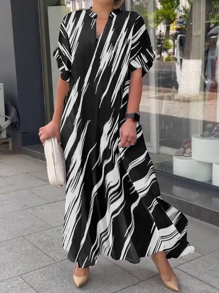 

Loose Urban V neck Short sleeve Long Dress, Black, Maxi Dresses