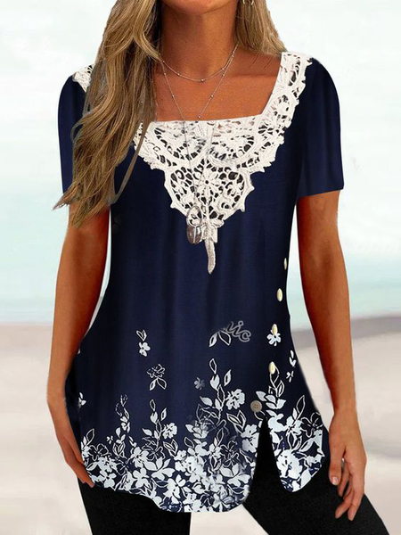 

Boho Floral Square Neck T-Shirt, Blue, T-Shirts