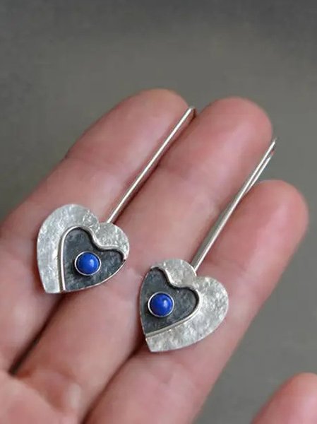

Ethnic Style Natural Gemstone Heart Pattern Earrings Vintage Jewelry, Silver, Earrings