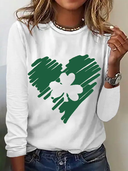 

Women's St Patrick's Day Cotton-Blend Simple Four-Leaf Clover Shirt, White, Long sleeves