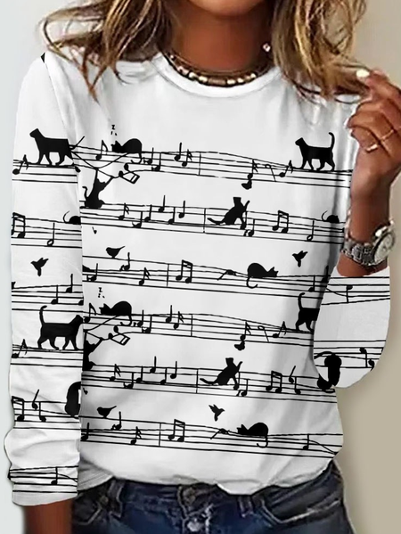 

Women's Funny Cat Crew Neck Floral Simple Regular Fit Long sleeve Shirt, White, Long sleeves