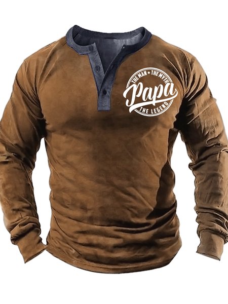 

Men's Papa The Man The Myth The Legend Funny Graphic Printing Text Letters Half Turtleneck Casual Regular Fit Top, Brown, Long Sleeves