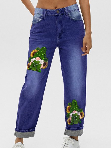 

Women's St. Patricks Day Shamrock Gnome With Sunflowers Denim Casual Loose Jeans, Blue, Jeans