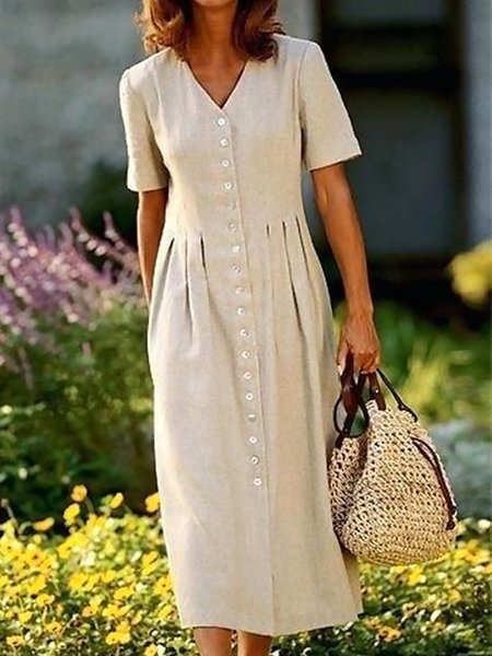 

JFN Cotton & Linen Plain Short Sleeve Buckle V Neck Casual Dress, Khaki, Dresses