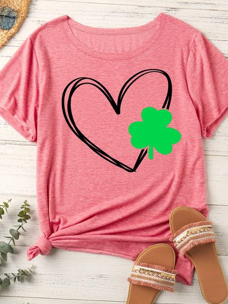 

Women's St. Patrick's Day Love Four-Leaf Clover Lucky Funny Graphic Printing Loose Casual Cotton-Blend Crew Neck T-Shirt, Red, T-shirts