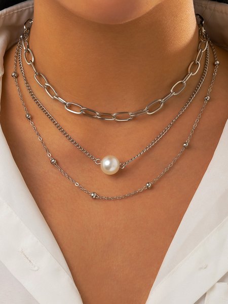 

Boho Style Pearl Chain Layered Necklace Everyday Vacation Jewelry, Silver, Necklaces