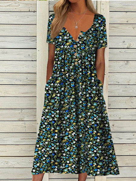 

Ditsy Floral Half Open Collar Loose Casual Dress, Multicolor, Dresses