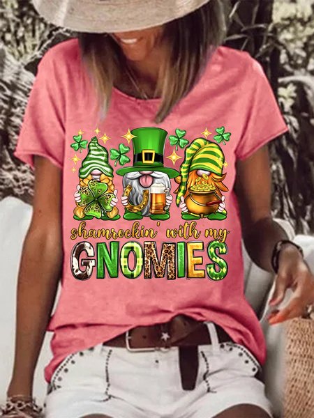 

Women's St. Patrick's Day Shamrockin With My Gnomies Funny Graphic Printing Crew Neck Cotton-Blend Text Letters Casual T-Shirt, Red, T-shirts