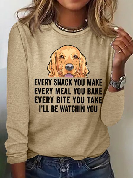 

Women's Every Snack You Make Every Meal You Bake Every Bite You Take I'll Be Watching You Funny Graphic Printing Crew Neck Regular Fit Casual Shirt, Khaki, Long sleeves