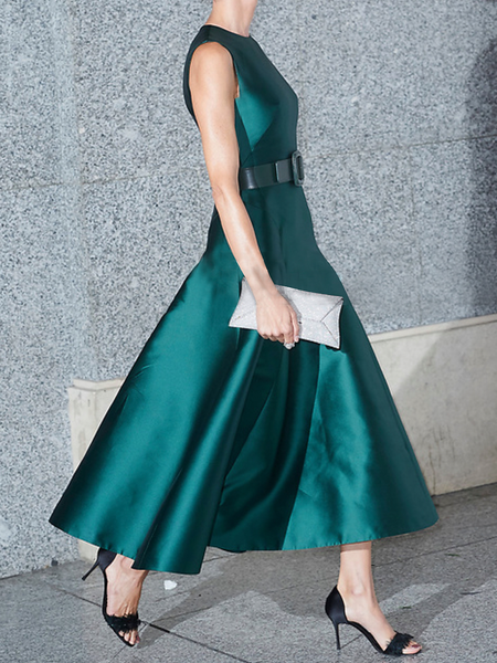 

Crew Neck Sleeveless Elegant Regular Fit Plain Long Dress, Green, Maxi Dresses