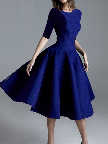

Regular Fit Crew Neck Elegant Half Sleeve Midi Dress, Blue, Midi Dresses