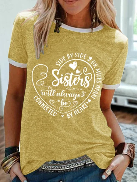 

Women's Side By Side Or Miles Apart Sisters Will Always Be Connected By Heart Cotton-Blend T-Shirt, Yellow, T-shirts