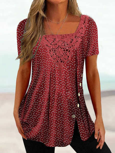 

Square Neck Casual Polka Dots T-Shirt, Red, T-Shirts