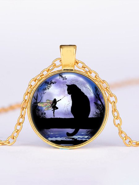 

Casual Time Stone Cat Elf Pattern Pendant Necklace Jewelry, Golden, Necklaces