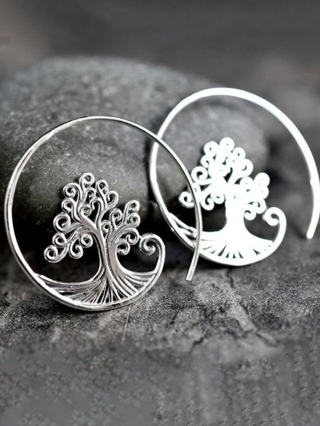 

Ethnic Wind Tree Of Life Pattern Hollow Hoop Earrings Vintage Jewelry, Silver, Earrings