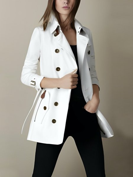 

Lapel Collar Regular Fit Plain Simple Trench Coat, White, Coats