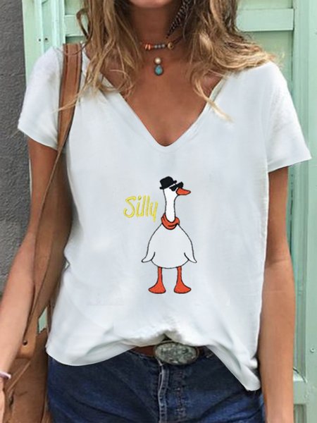 

V Neck Loose Casual T-Shirt, White, Tees & T-shirts