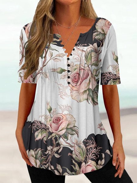 

Floral V Neck Loose Casual Shirt, Multicolor, T-Shirts