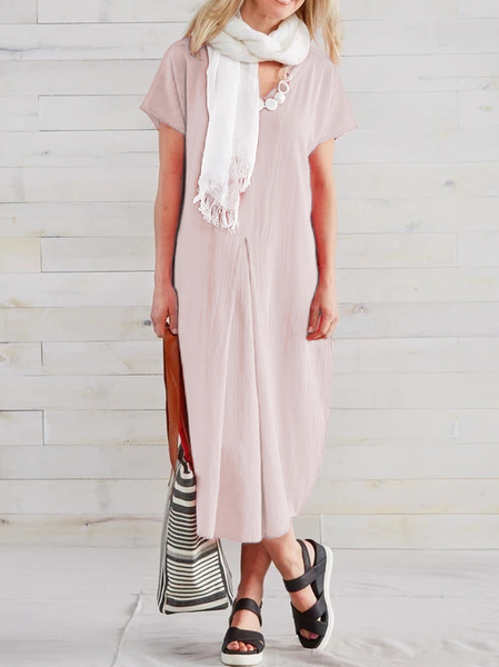 

Women Casual Plain Summer Loose Plain V Neck Linen Dress, Pink, Maxi Dresses