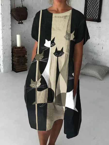 

Crew Neck Cat Casual Loose Dress, Black, Dresses
