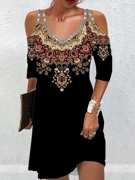 

Loose Jersey Casual Ethnic Printed Cold-shoulder Dress, Black, Dresses