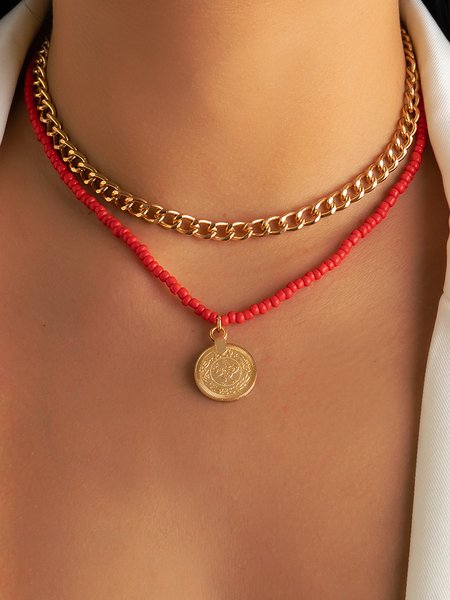 

Coin Pattern Thick Chain Layer Necklace Beach Vacation Party Jewelry, Golden, Necklaces