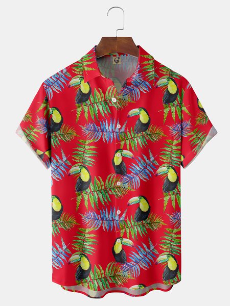 

Plant Parrot Chest Pocket Short Sleeve Hawaiian Shirt, Red, Men Shirts