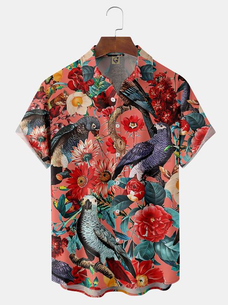 

Parrots Chest Pocket Short Sleeve Hawaiian Shirt, Red, Men Shirts