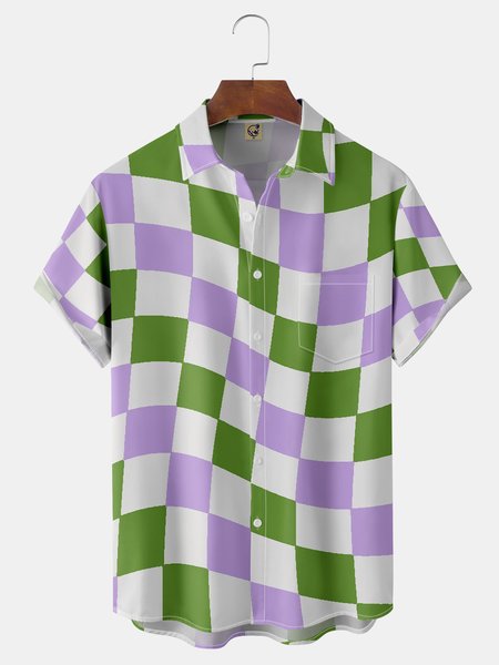 

Contrast Check Chest Pocket Short Sleeve Casual Shirt, Purple, Men Shirts