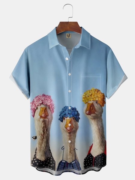 

Fun Duck Chest Pocket Short Sleeve Casual Shirt, Blue, Men Shirts
