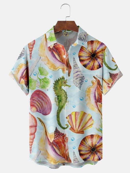 

Marine Life Chest Pocket Short Sleeve Hawaiian Shirt, Blue, Men Shirts