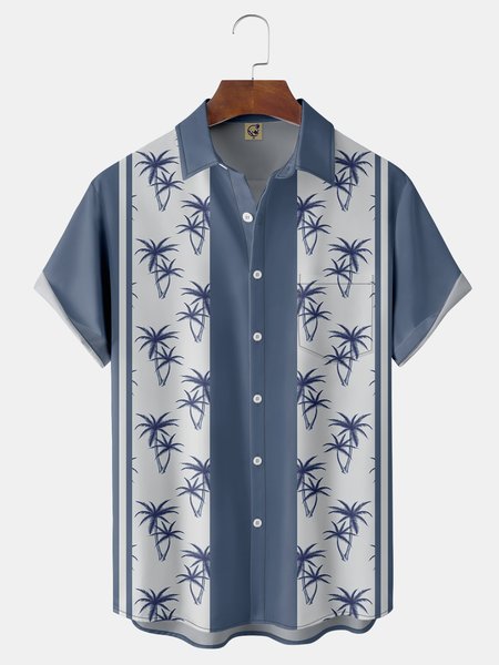 Coconut Tree Chest Pocket Short Sleeve Bowling Shirt, Blue, Men Shirts