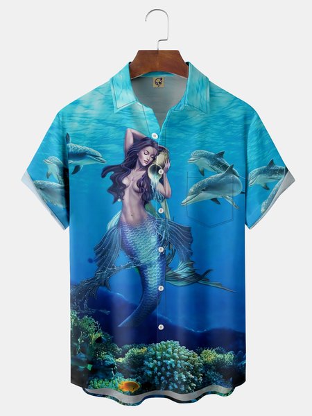 

Mermaid Chest Pocket Short Sleeve Hawaiian Shirt, Blue, Men Shirts