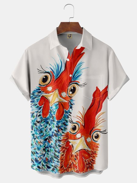 

Rooster Chest Pocket Short Sleeve Casual Shirt, White, Men Shirts