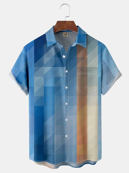 

Abstract Geometry Chest Pocket Short Sleeve Casual Shirt, Blue, Men Shirts