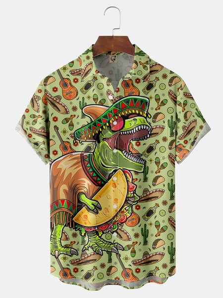 Cinco De Mayo Dinosaur Chest Pocket Short Sleeve Shirt, Green, Men Shirts