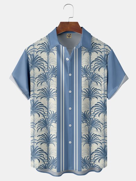 

Palm Tree Chest Pocket Short Sleeve Bowling Shirt, Blue, Men Shirts