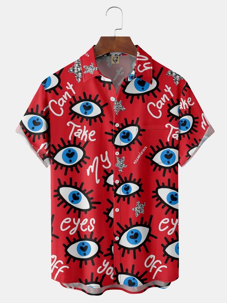 

Funky Eyes Chest Pocket Short Sleeve Casual Shirt, Red, Men Shirts