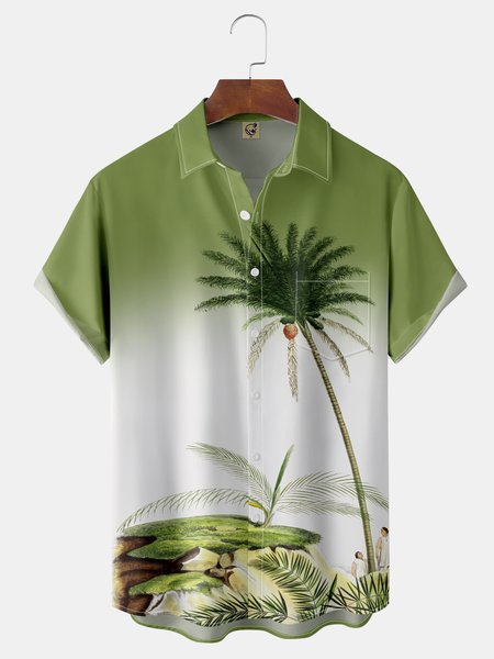 

Gradient Coconut Tree Chest Pocket Short Sleeve Hawaiian Shirt, Green, Men Shirts