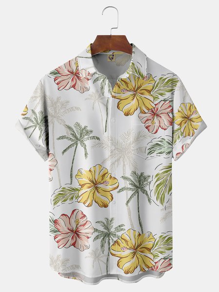 

Coconut Tree Flowers Chest Pocket Short Sleeve Hawaiian Shirt, White, Men Shirts