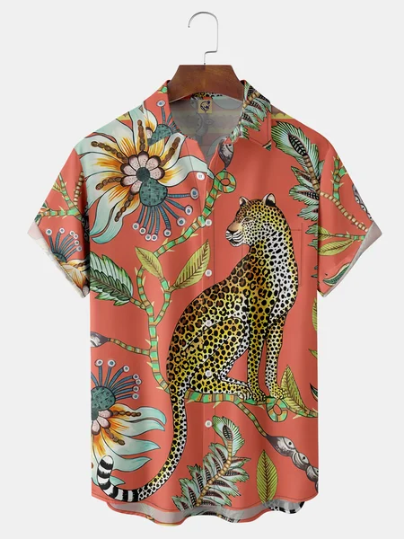 

Leopard Tropical Chest Pocket Short Sleeve Hawaiian Shirt, Orange, Men Shirts