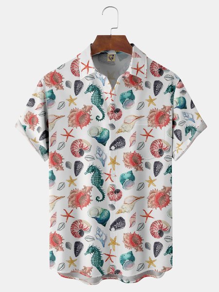 

Marine Organisms Short Sleeve Chest Pocket Hawaiian Shirt, White, Men Shirts