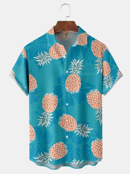 

Fruit Pineapple Chest Pocket Short Sleeve Hawaiian Shirt, Blue, Men Shirts