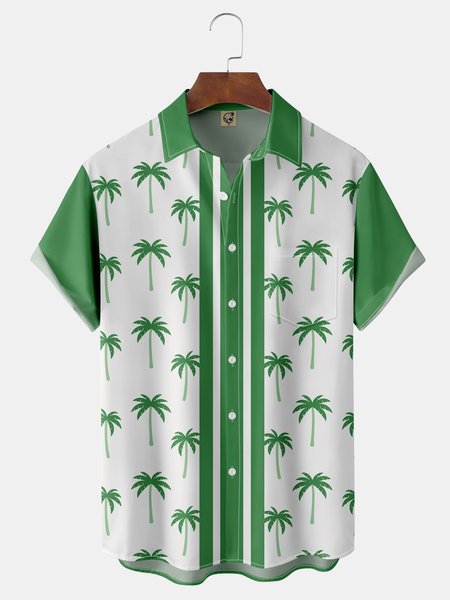 

Coconut Tree Chest Pocket Short Sleeve Bowling Shirt, Green, Men Shirts