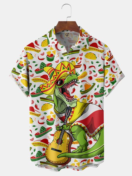 

Cinco De Mayo Dinosaur Chest Pocket Short Sleeve Shirt, Green, Men Shirts