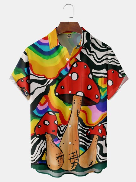Hippie Mushroom Chest Pocket Short Sleeve Hawaiian Shirt, Red, Men Shirts