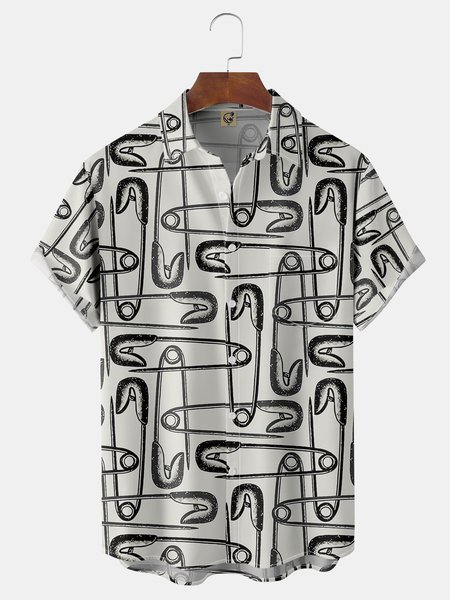 

Pins Chest Pocket Short Sleeve Casual Shirt, Gray, Men Shirts